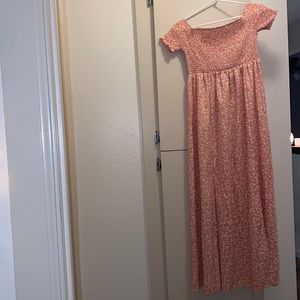 Peachy/coral pink long off shoulder dress with slit